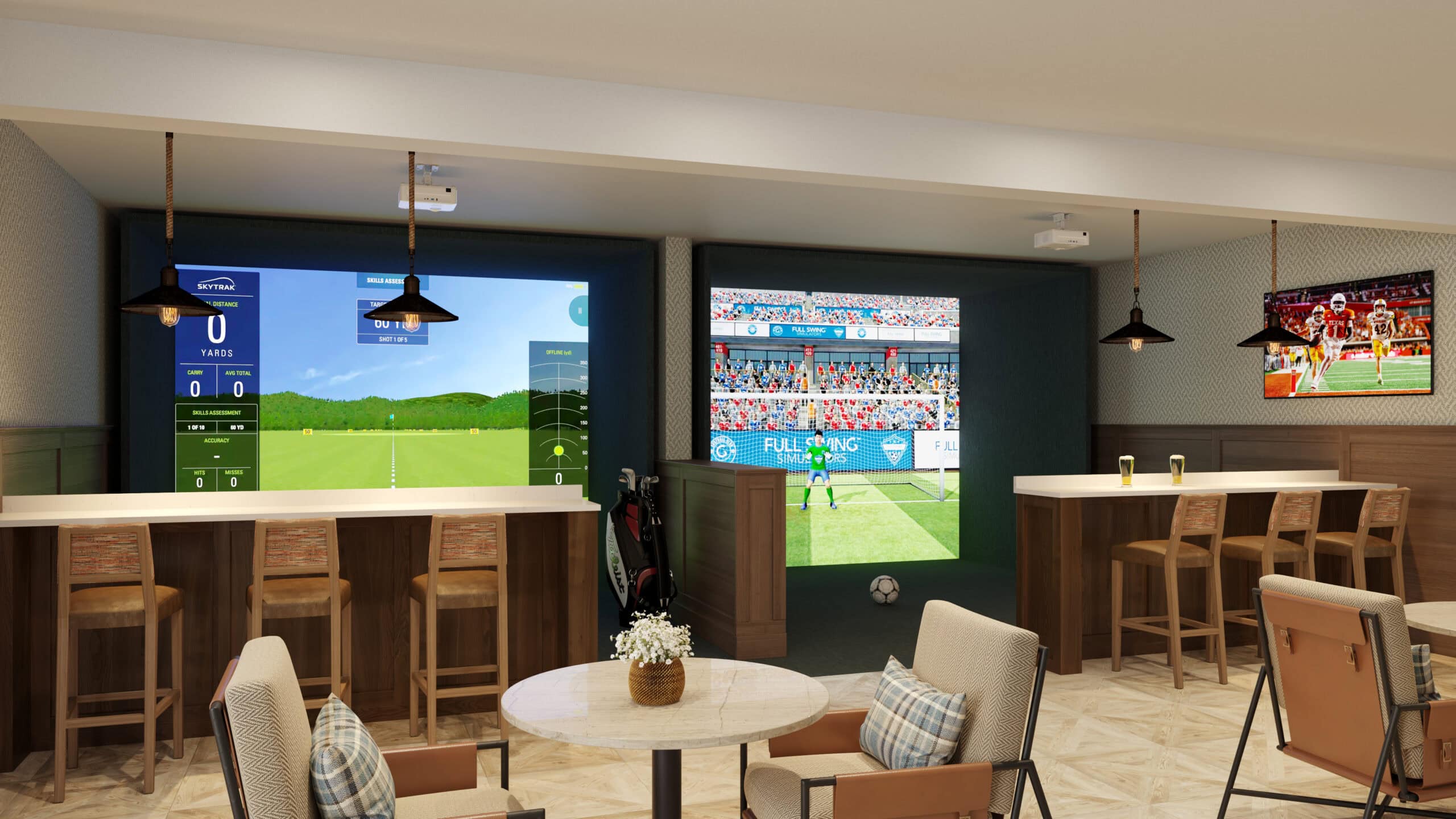 Artist's rendering of the game lounge featuring multi-sport simulators