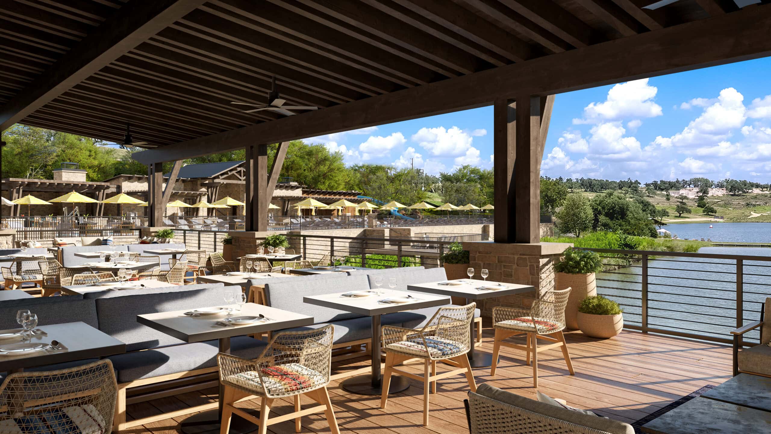 Artist's rendering of covered exterior terrace at Bootjacks restaurant